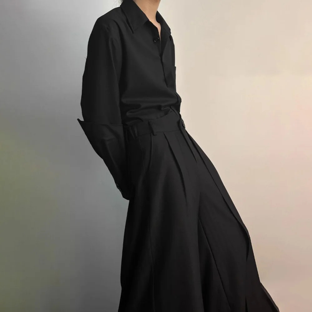 Gothic Culottes Overlap Y2K Double Layer Dark Culottes Pleated Wide Leg Niche Casual Pants Skirt Unisex Mens Clothing 250813
