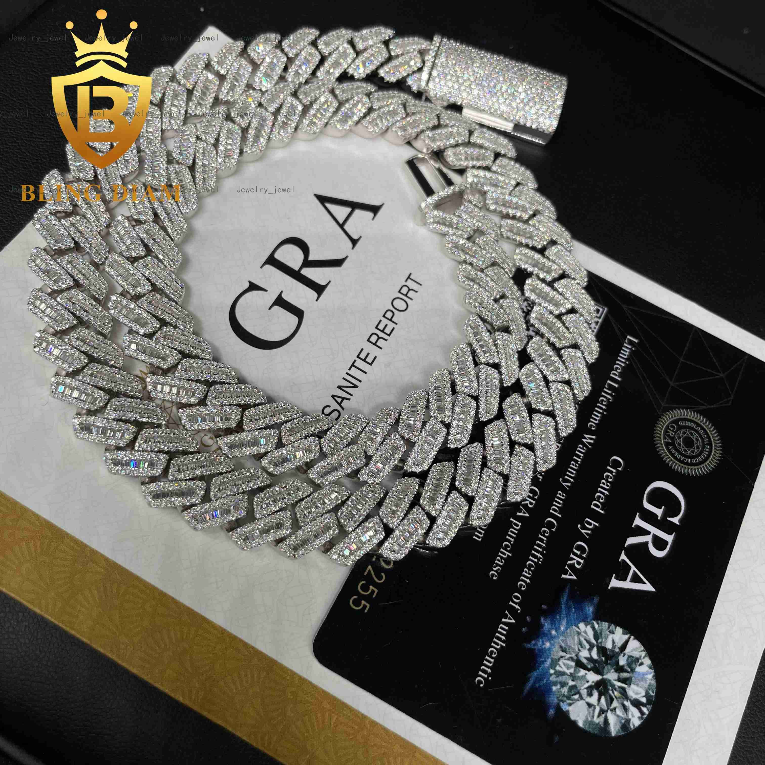 Fashion Hip Hop 12MM Width Cuban Link Chain Sterling Silver 925 VVS Moissanite Diamond Jewelry Men Cuban Necklace