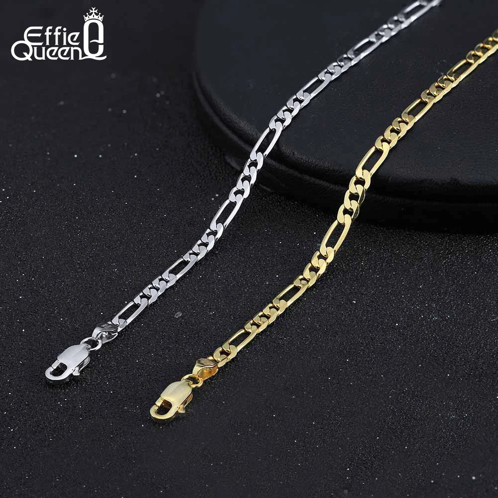 EFFIE QUEEN 14K Gold 925 Sterling Silver Diamond-Cut Figaro Round Snake Flexible Flat Link Chain Bracelet Unisex SB123 250814