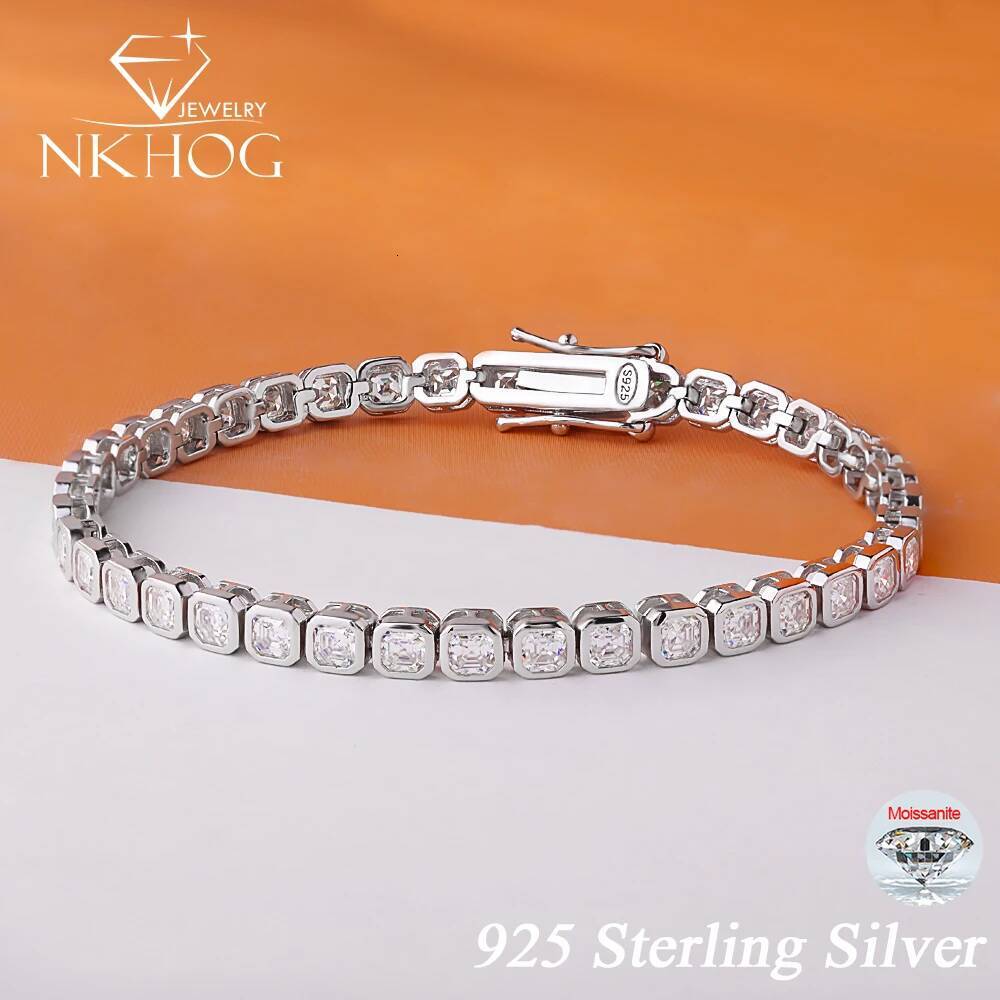 NKHOG 3*3mm Full Moissanite Tennis Bracelets For Women Men 925 Sterling Silver Asscher Cut Square Diamond Jewelry Pass Test GRA