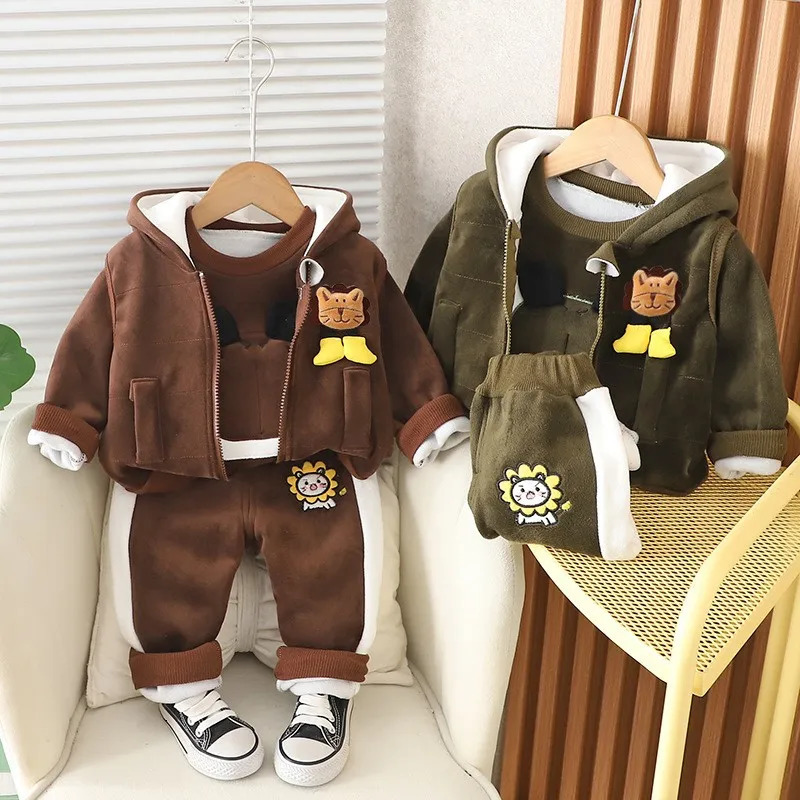Baby Boys Clothing Set Autumn Winter Cartoon Lion Fleece Thick Hooded Jacket Coat Pants 3Pc Suit for 1-4 Years Kids Warm Outfits 250813