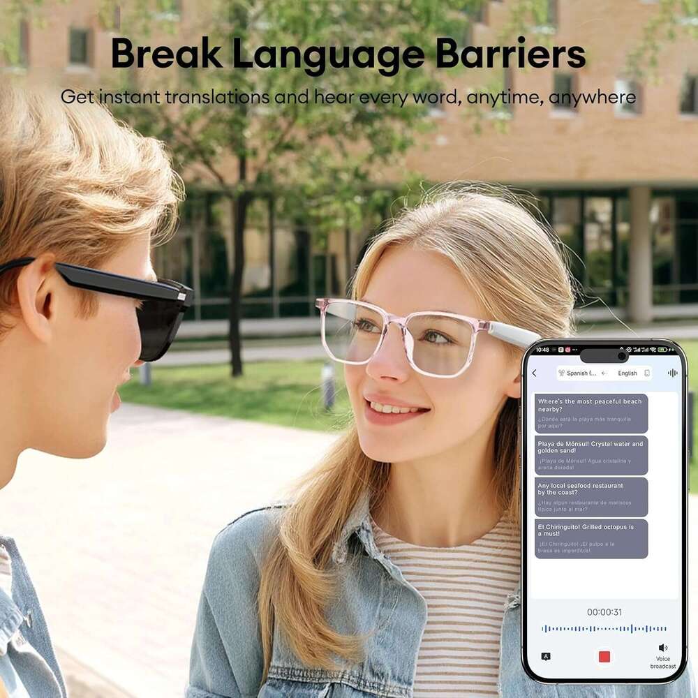 AI Bluetooth 5.4 Translation Glasses, with 144 Languages Accents, Blue Light Filter Lenses, Multifunctional Smart Glasses for Men and Women, Travel Me