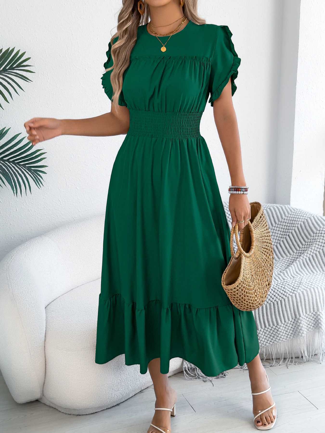 Casual Ele Round Neck Ruffled Waist Cinched Dress Long Dresses Spring Summer Fashion Womens Gown XJ250814