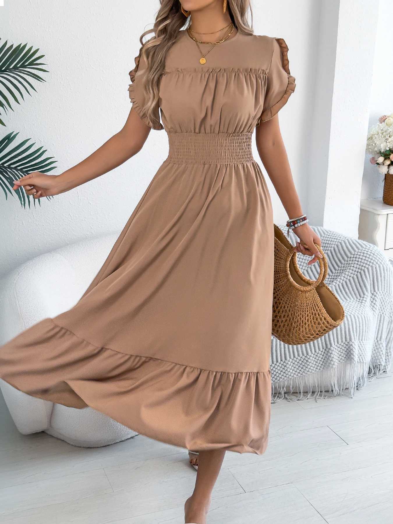 Casual Ele Round Neck Ruffled Waist Cinched Dress Long Dresses Spring Summer Fashion Womens Gown XJ250814