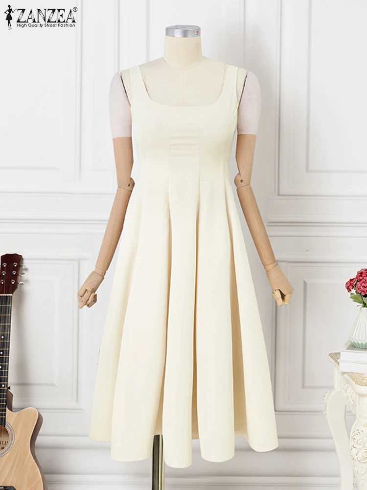 2024 Summer Holiday Waisted Casual Square Collar Midi Dress ZANZEA Women Sleeveless Tank Dress Vintage Solid A-line Dress XJ250814