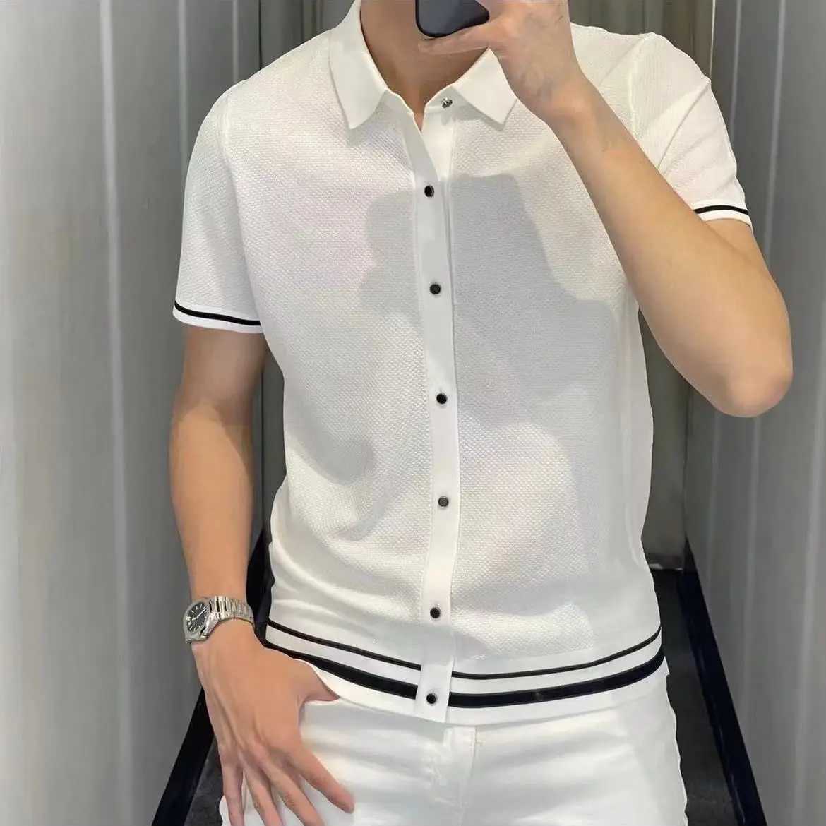 Luxury Fashion Korean Summer Polo Shirts Short Sleeve Patchwork Striped Men Turn-down Collar Slim Thin Paneled All-match Tops XJ250804