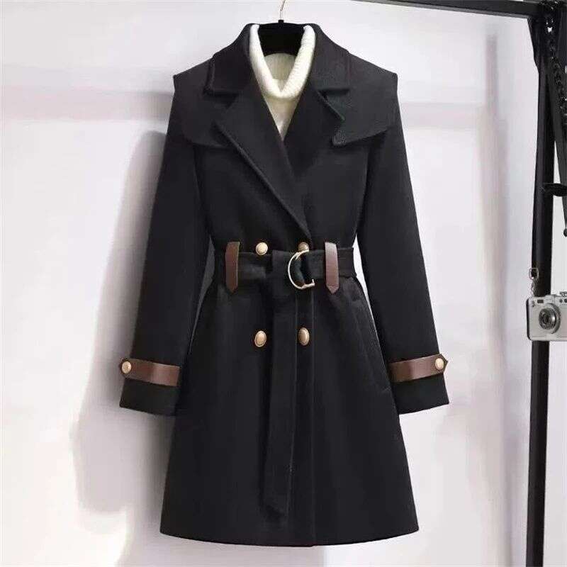 2023 New Autumn And Winter Wool Jacket Womens Clothing Woolen Coats Slim Belt Elegant Long Coat Female Beige Black