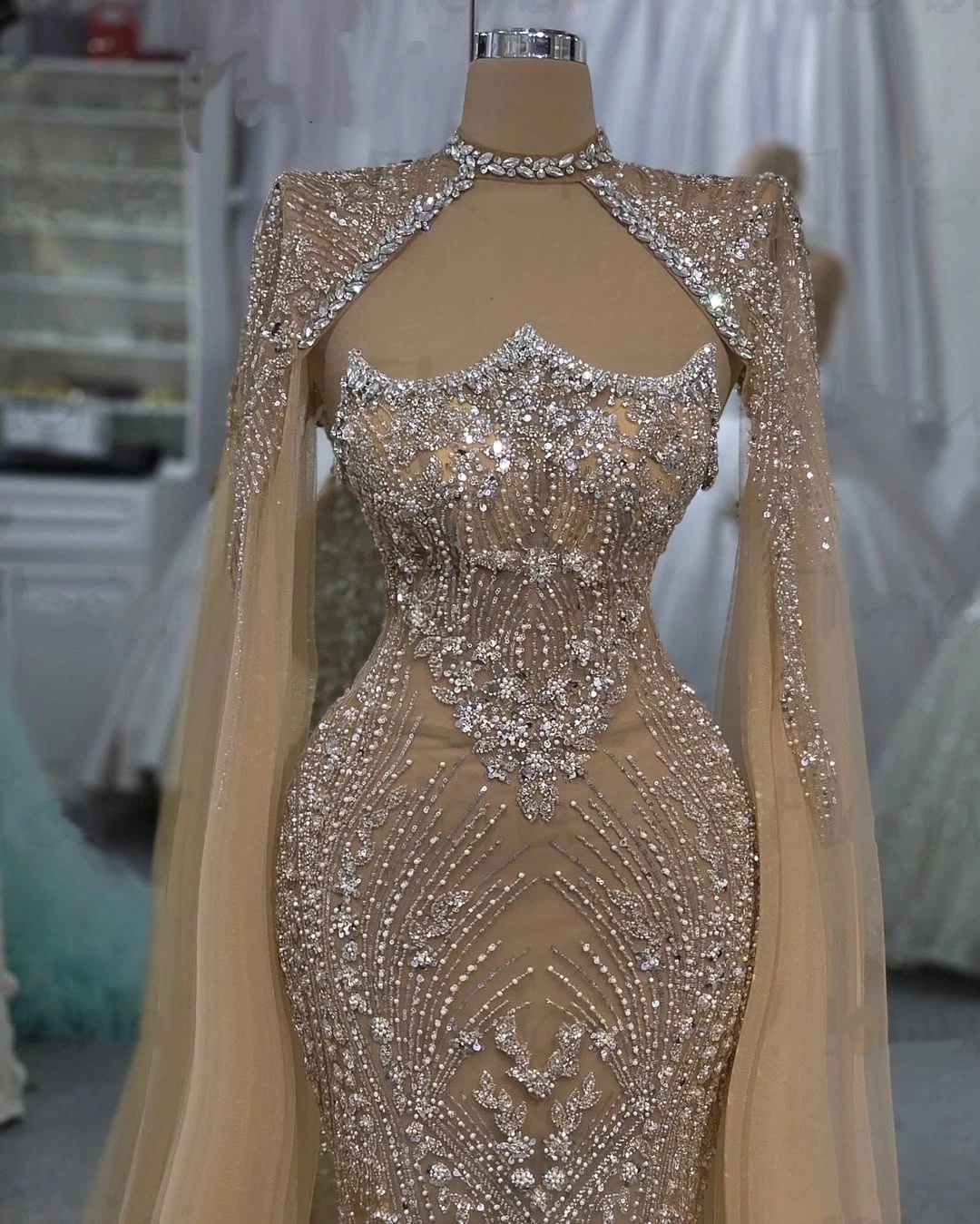 Glamorous Strapless Evening Dresses Sequins Beading Prom Gowns with Cape Crystal Sleeveless Beading Customized Vestidos De Noche Plus Size