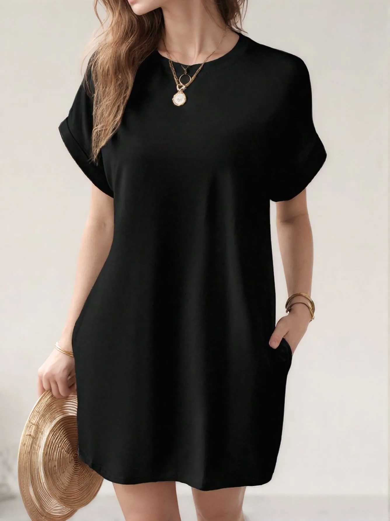 2025 European and American new casual solid color round neck batwing sleeve invisible pocket loose short sleeve dress XJ250814