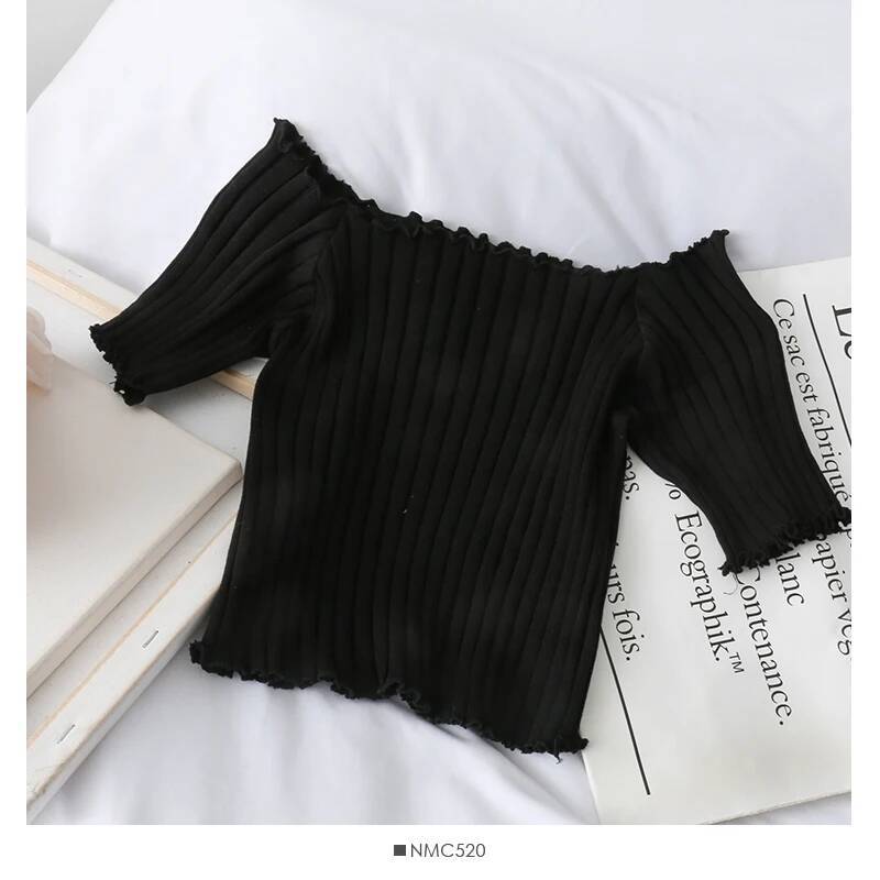 2025 fashion Women's Knitted Ruffle Hem Top Cute Umbilical Top Off Shoulder T-shirt Summer Women's Short Sleeve T-shirt Designer Top