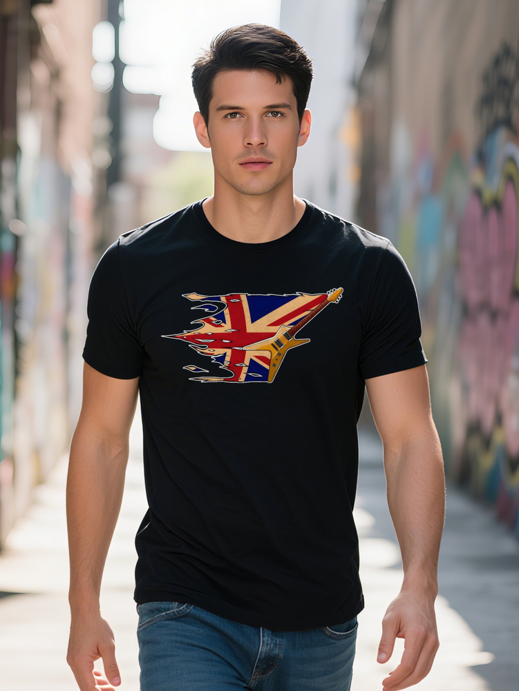 Men S Casual Black T-Shirt with Vintage UK Flag Guitar Print Crew Neck Slight Stretch Knit Fabric Summer