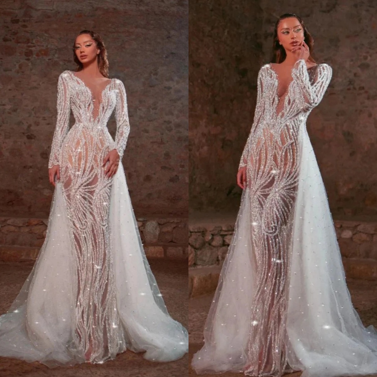 Fashion Sequined Lace Wedding Dress Sparkly Pearls Long Sleeve Bridal Gown Floor Length Bride Dresses Customized