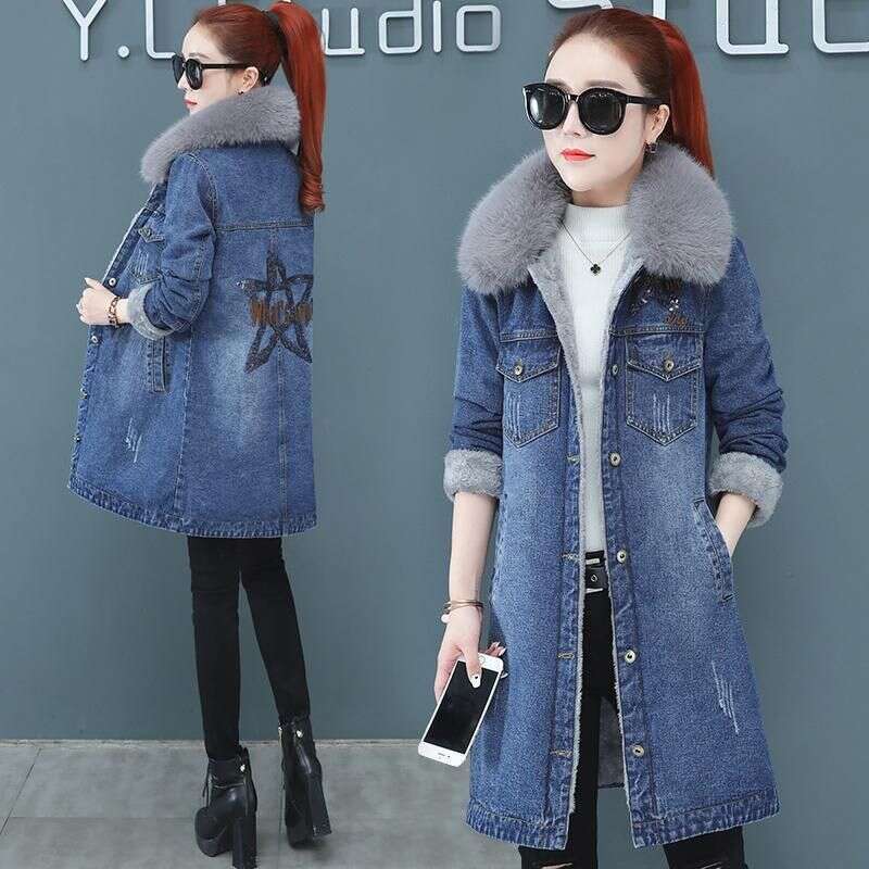 Women Winter Denim Fleece Coat Big Furry Collar Mid Length Flap Pockets Cardigan Warm Thick Casual Lady Jackets