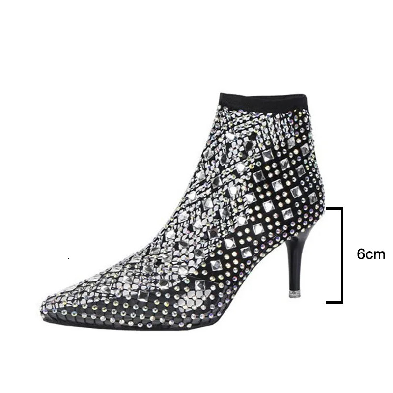2025 Summer Mesh Sandals Boots Women Rhinestones Hollow Pointed Toe Shoes Woman Bling Stretch Socks Thin High Heels Ankle Boots 250812