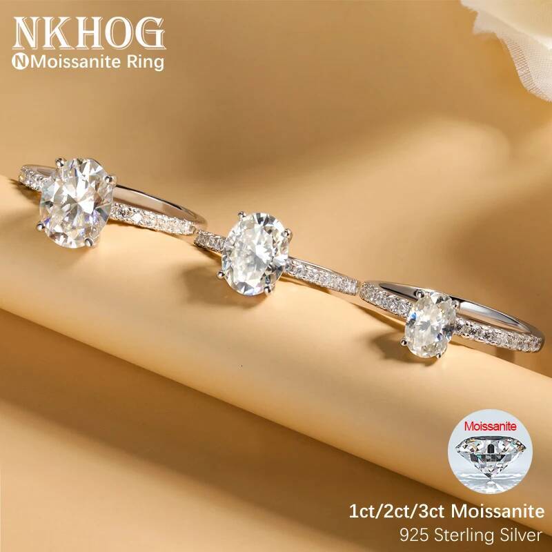 NKHOG 1/2/3ct Oval Moissanite Rings Women S925 Sterling Silver Jewelry D VVS Pass Diamond Test Egg Shape Band No Fade Ring GRA