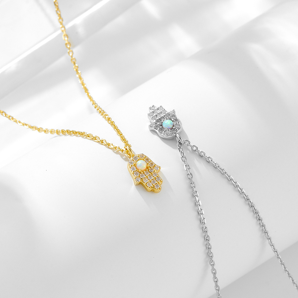 Pure Sier Fatima Hand Necklace for Women, Niche Ins Style, Inlaid with Dias, Opal Mini Palm Collarbone Chain Jewelry for Women