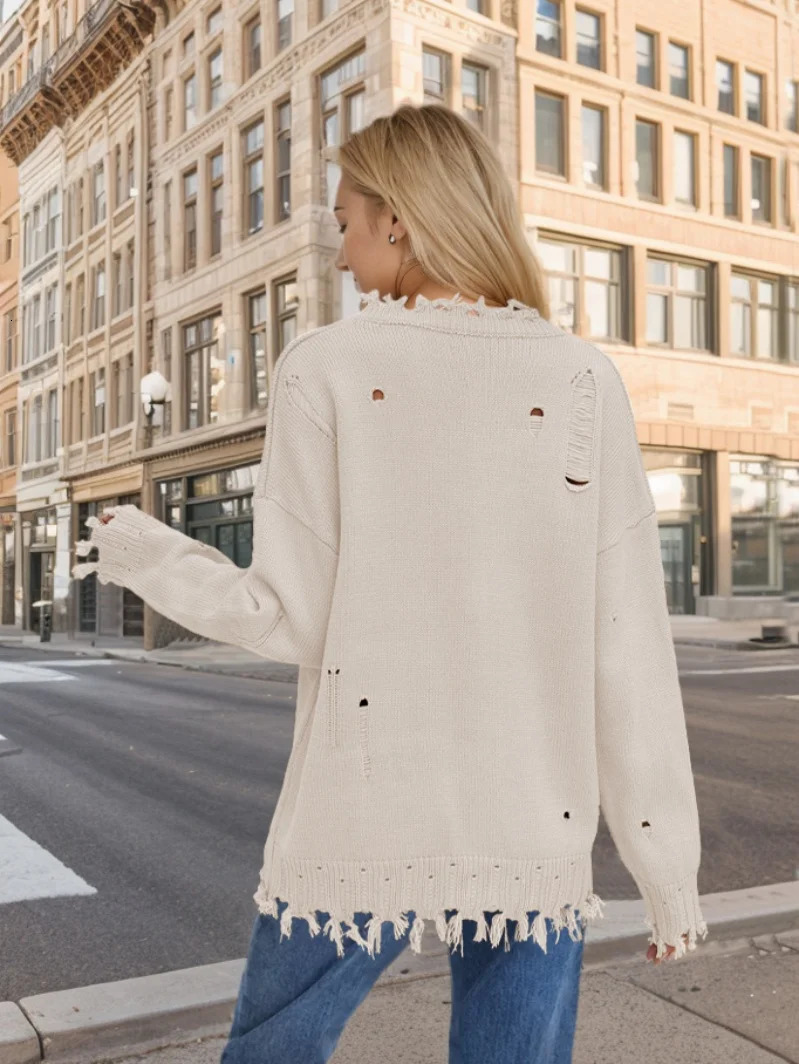 Womens Beige/Navy Blue America Flag Print Ripped Pullover Sweater Distressed Frayed Round Neck Long Sleeve Thick S-XL 250808