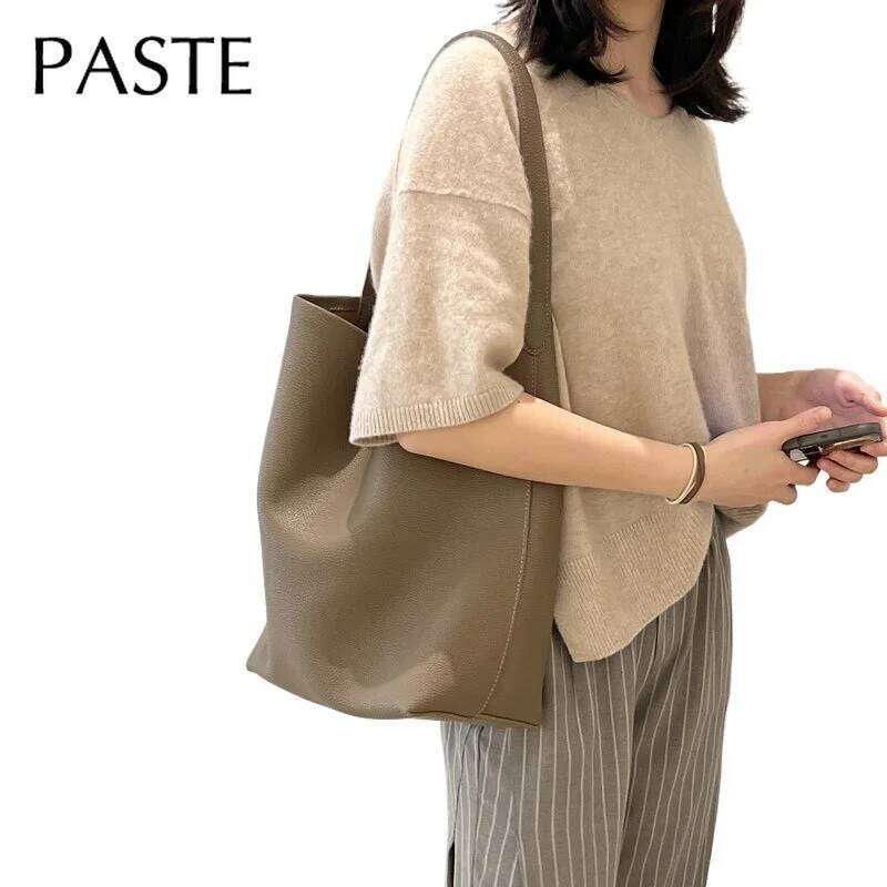Euro French Japan Style Soft Large Bucket Tote 2 Size Natural Cowhide Leather Women's Armpit Shoulder Daily Hand Bag