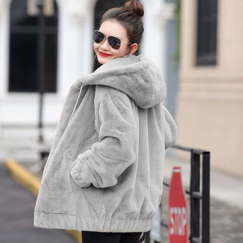 Flannel hooded jacket for women, medium to long, winter new, Korean version, loose plush warm long sleeved jacket with added plush short jacket