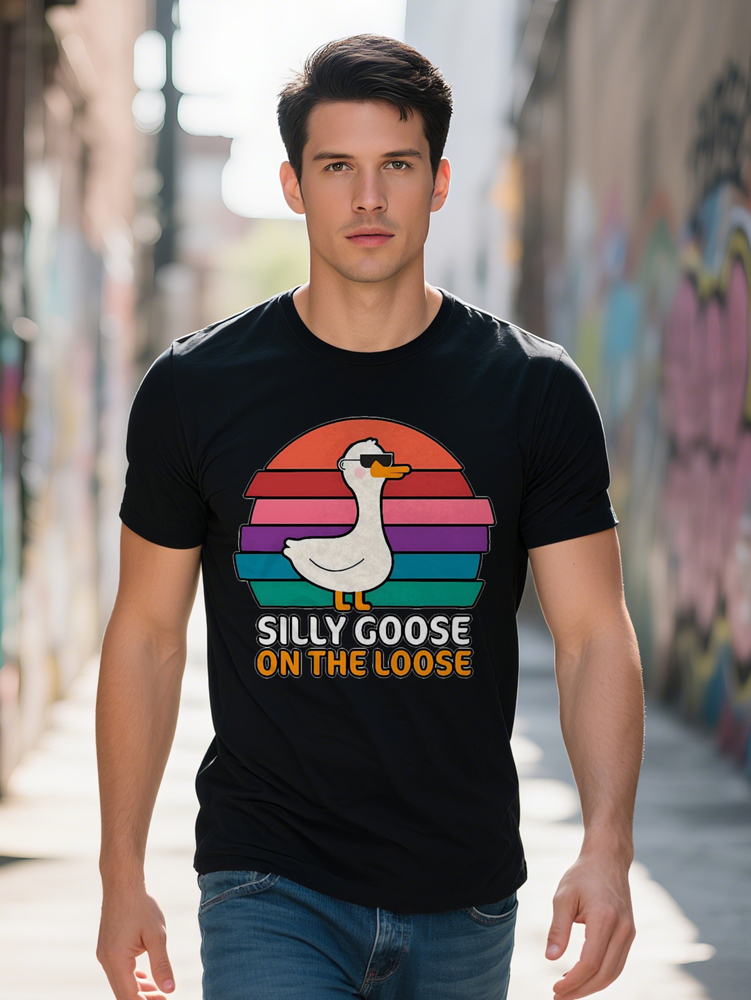 Men s Casual Crew Neck T Shirt Silly Goose Print Black with Colorful Stripes Fashion Glasses Design Lightweight
