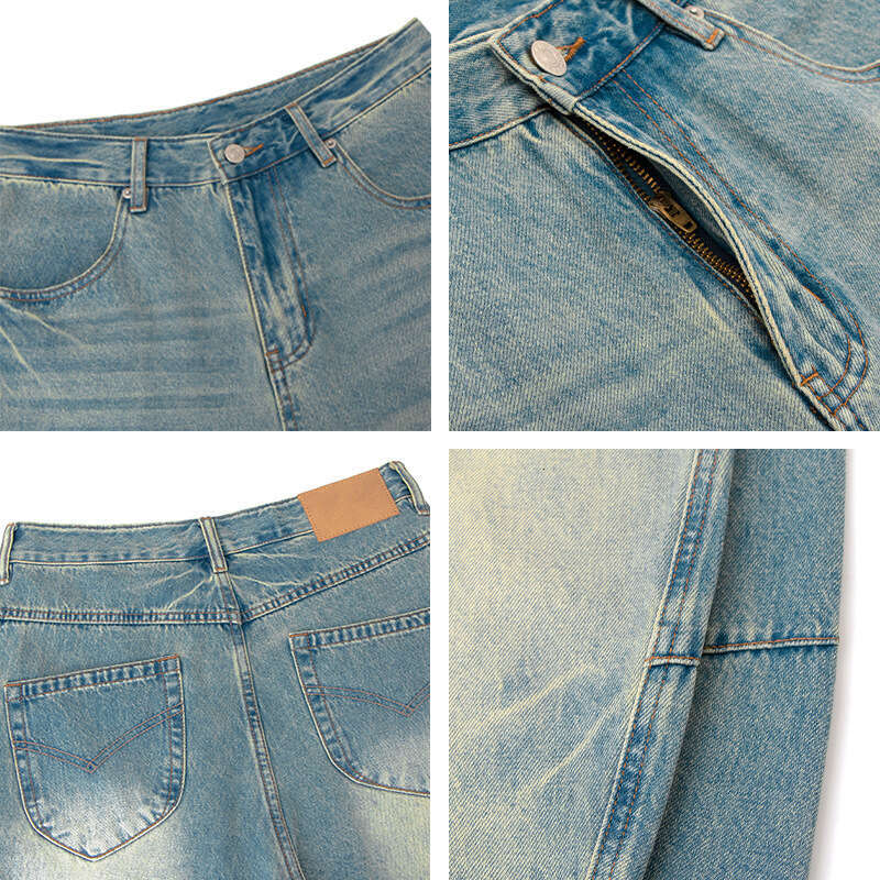 American Style Washed Scimitar Jeans Unisex Trendy Loose Wide-Leg Banana Casual Pants B5