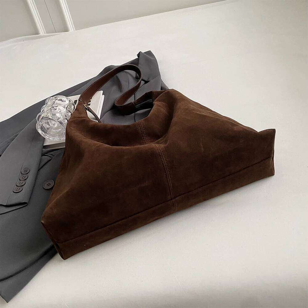 Women Suede Retro Single Shoulder Large Capacity Trendy Work Hobo Solid Color Hasp Closure Outdoor Travel Bag
