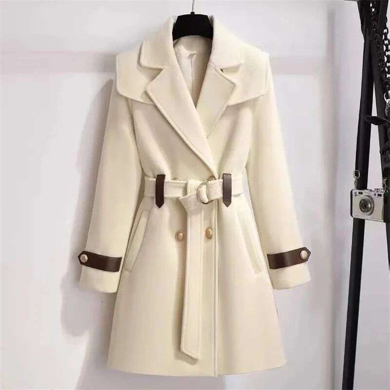 2023 New Autumn And Winter Wool Jacket Womens Clothing Woolen Coats Slim Belt Elegant Long Coat Female Beige Black