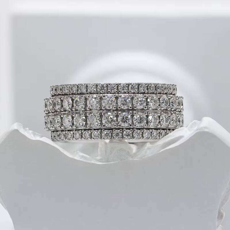 Paston Jewelry Custom 4 Rows Moving Band Round Moissanite D VVS Pass Dia Text Sier Ring for Men