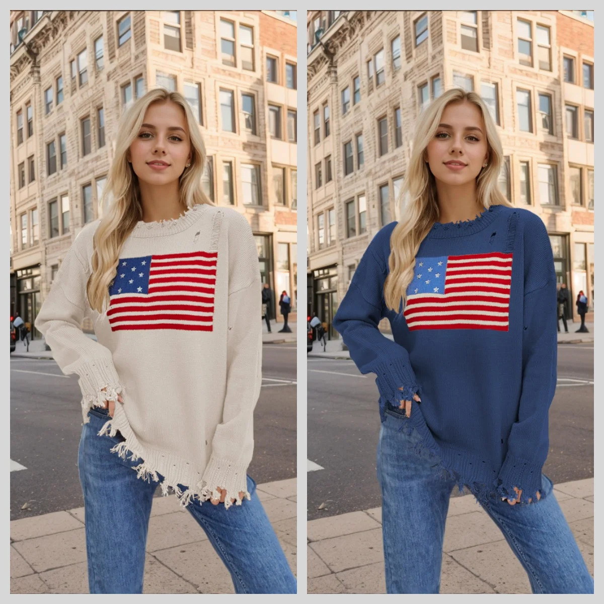 Womens Beige/Navy Blue America Flag Print Ripped Pullover Sweater Distressed Frayed Round Neck Long Sleeve Thick S-XL 250808