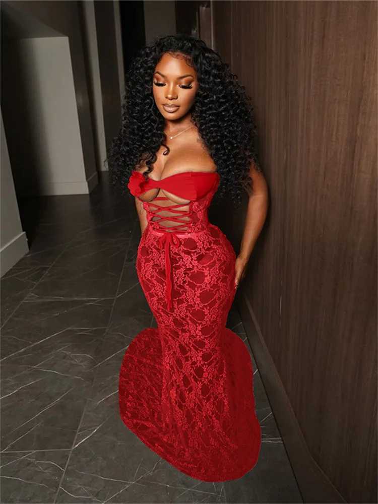 Nibber Lace Sexy Women Maxi Dress nning Coquette See Through Patchwork Strapless Bodycon Nightclub Dress XJ250814