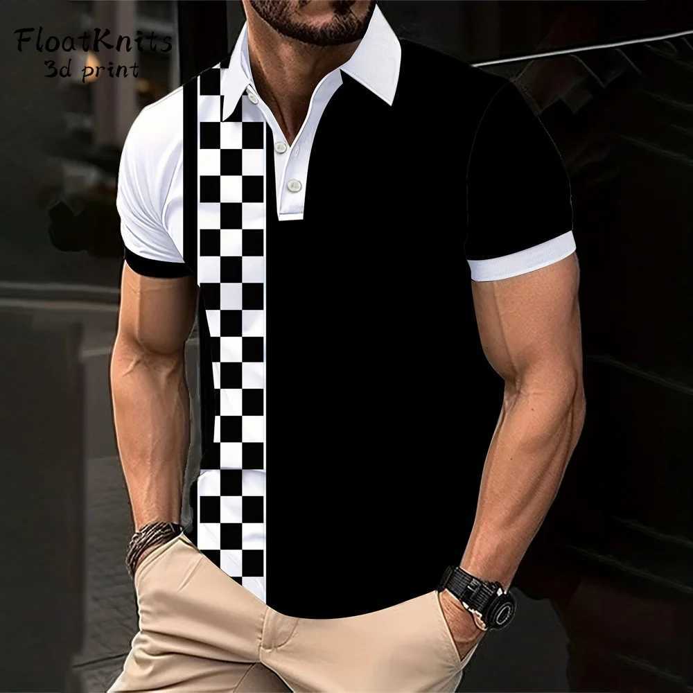 Mens Short Sleeve Polo Shirt Summer Line Plaid Printed Breathable Streetwear Fashion Splicing Mens Casual Shirt New Lapel Tops XJ250804
