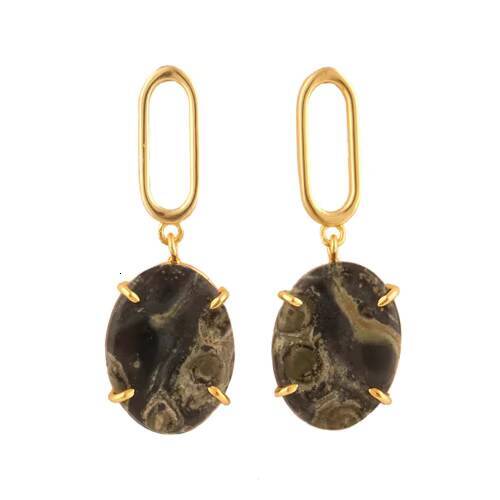Exaggerated Personality Oval Natural Kambaba Jasper Pointed Inlaid Gold-Plated Hot Earrings Gift