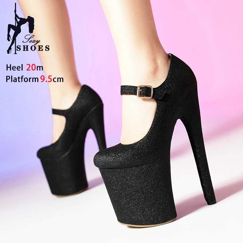 20cm High Heels New Buckle Strap Fashion Platform Fetish Black Pumps Ladies Bling Nightclub Party Shoes Plus Size W250814