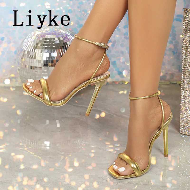 2025 Summer Sexy Gold High Heels Gladiator Sandals Women Fashion Square Toe Ankle Buckle Strap Stiletto Party Dress Shoes W250814