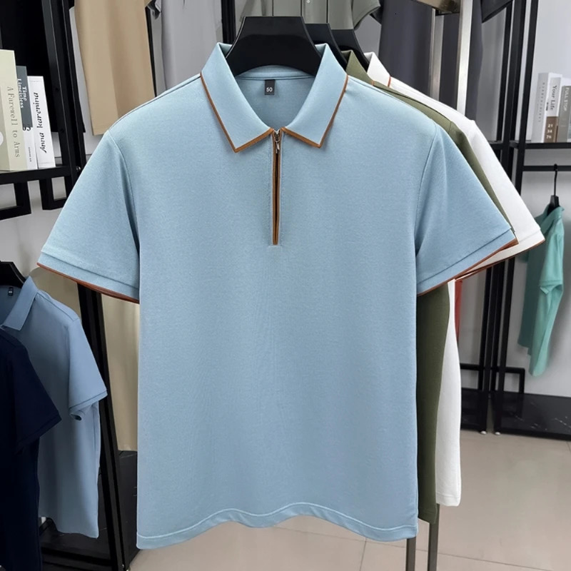 Mens Silk Zipper Polo Shirt Short Sleeve Mulberry T-Shirt Metal Zipper Stand Collar Casual Summer Top Cotton Linen Tee 250813