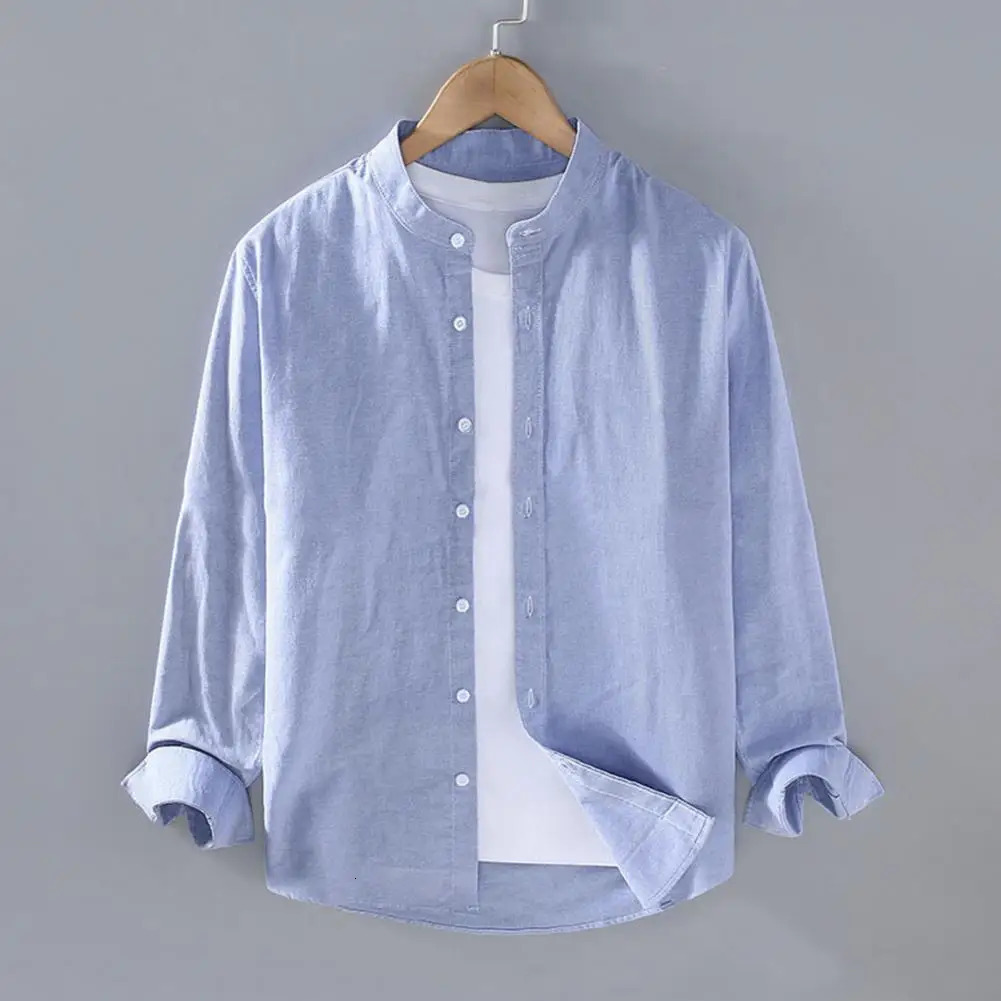 Flax Men Spring And Summer Stand Collar Long Sleeve Fashionable Mens Shirt Cotton Linen for Vintage Vacation Shirts 250804