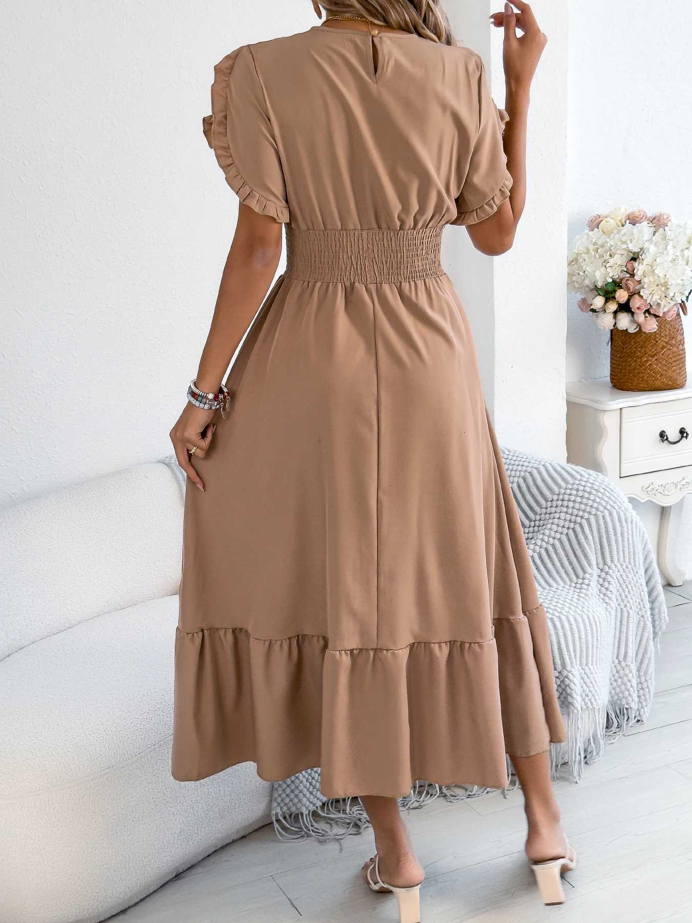 Casual Ele Round Neck Ruffled Waist Cinched Dress Long Dresses Spring Summer Fashion Womens Gown XJ250814
