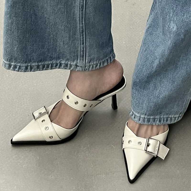 2023 Punk Goth Metal Buckle High Heels Sandals for Women Summer Pointed Toe Silver Party Shoes Korean Style Thin Heels Sandals W250814