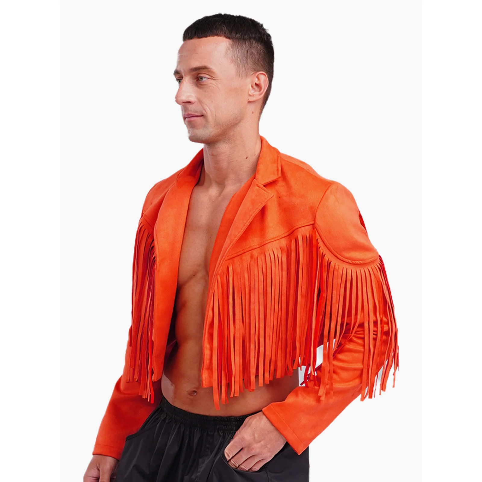 Mens Fringe Faux Suede Cropped Jackets Lapel Long Sleeve Open Front Cardigan 80s Hippie Western Cow Carnival Party Costume 250808