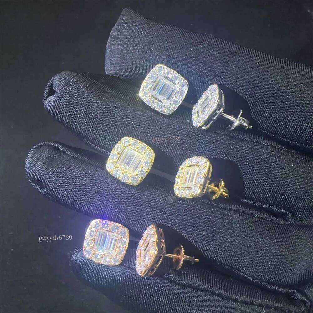 New Arrivals Bulk Stock Iced Out Man Earrings Baguette Moissanite Dia Screw Back Setting Hip Hop Stud Earring