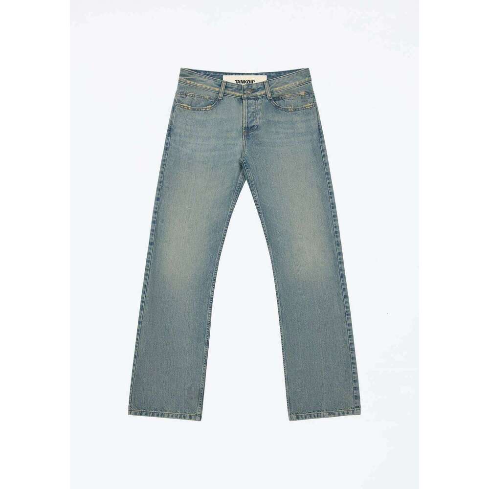 tank Vintage Blue Washed and Distressed Denim Jeans Low Waist Slim Fit Straight Leg Pants