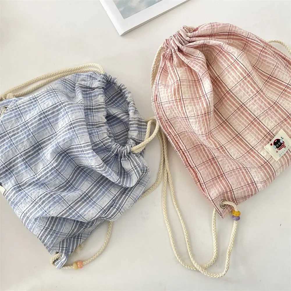 Vintage Korean Plaid Drawstring Bag Y2k Aesthetic Harajuku Plaid Backpack Casual Lightweight Student Schoolbags Outdoor XJ250814