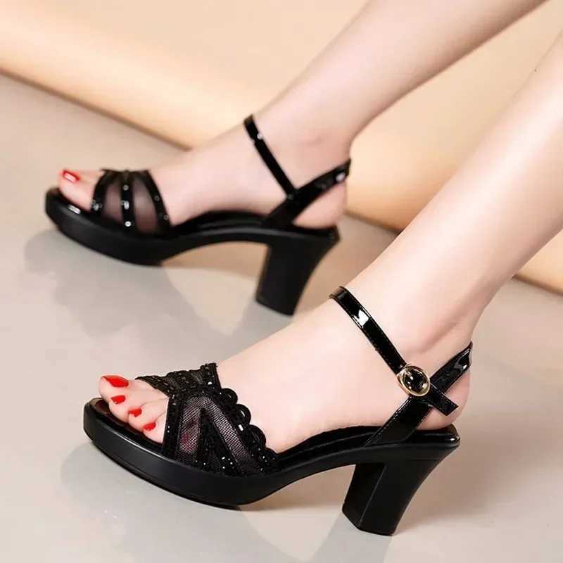 2025 Shoes Female Peep Toe Womens Sandals Fashion Office Career Sandals Women Chunky Heels Buckle Strap Mesh Shoes Women W250814