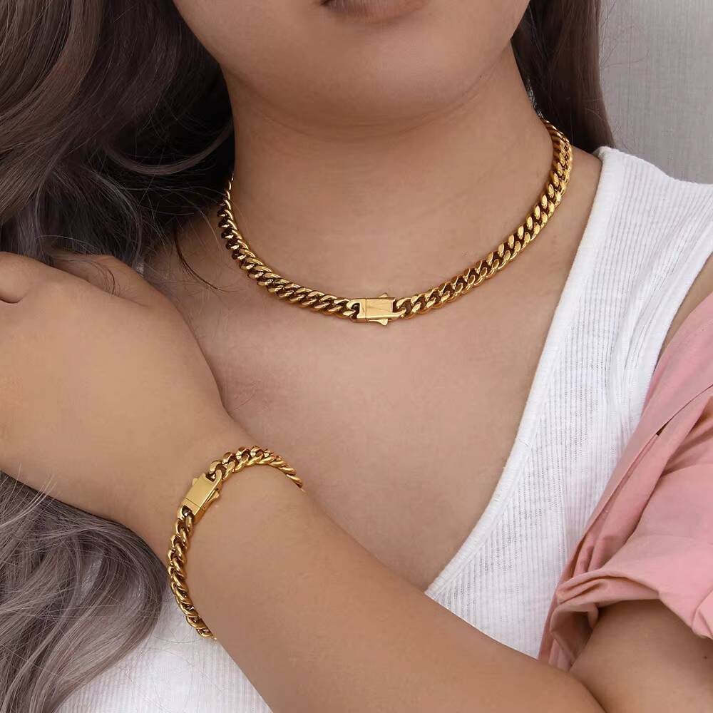 Wholesale Stainless Steel Jewelry Set 18k Pvd Gold Plated Icy Cuban Link Necklace and Bracelet
