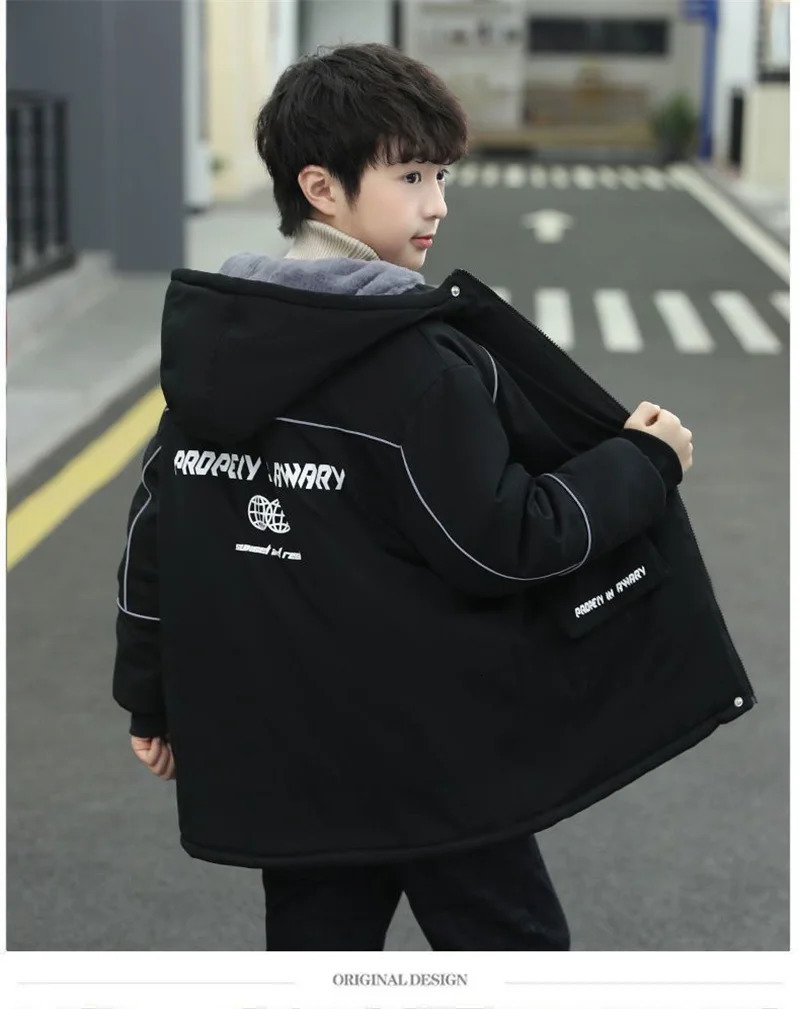 Boys Plus Velvet Outerwear Kids Winter Thicken Warm Overcoat Children Casual Print Jacket Teenager Clothing 250813