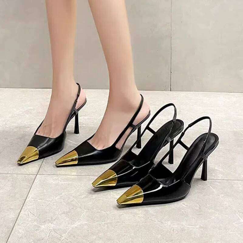 New Summer Women's High-heeled Sandals Gold Iron Patent Leather Black Stiletto Square Head Closed Toe Sling Back Shoes