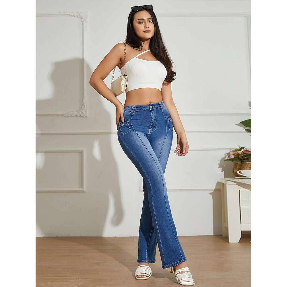 Y2K High Street Rise Blue Women Bootcut Pockets Streetwear Low Waist Jeans Wide Leg Pants