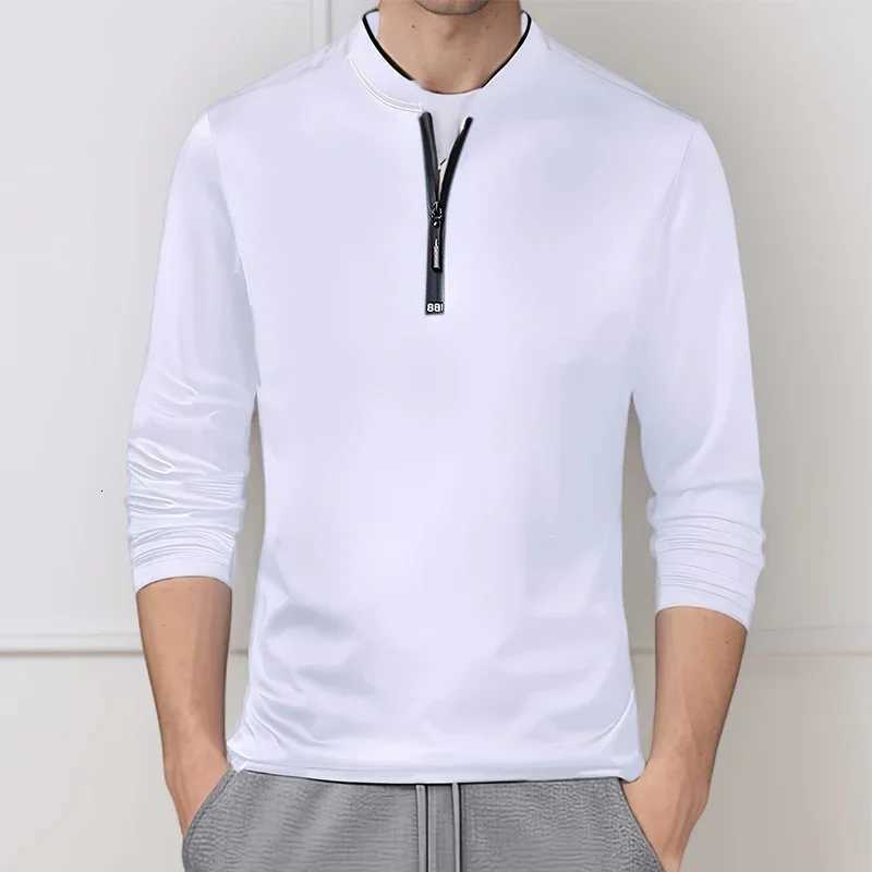 Mens Casual Fashion Solid Color Long Sleeve Polo Shirt Stand Up Collar Versatile Comfortable Top XJ250804