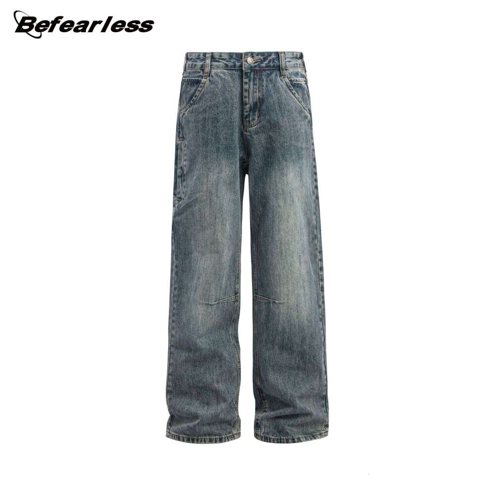 American Style Washed Vintage Loose Straight Jeans Unisex Wide Leg Casual Couple Pants B5
