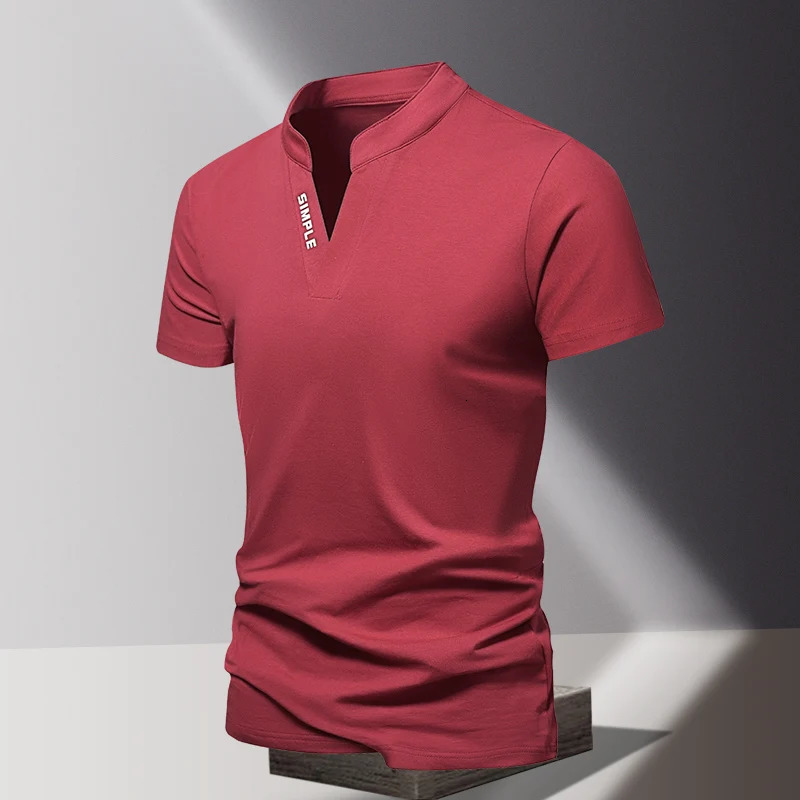 V-neck pure cotton short sleeved mens T-shirt mens sports and leisure T-shirt trendy and simple solid color base shirt 250813